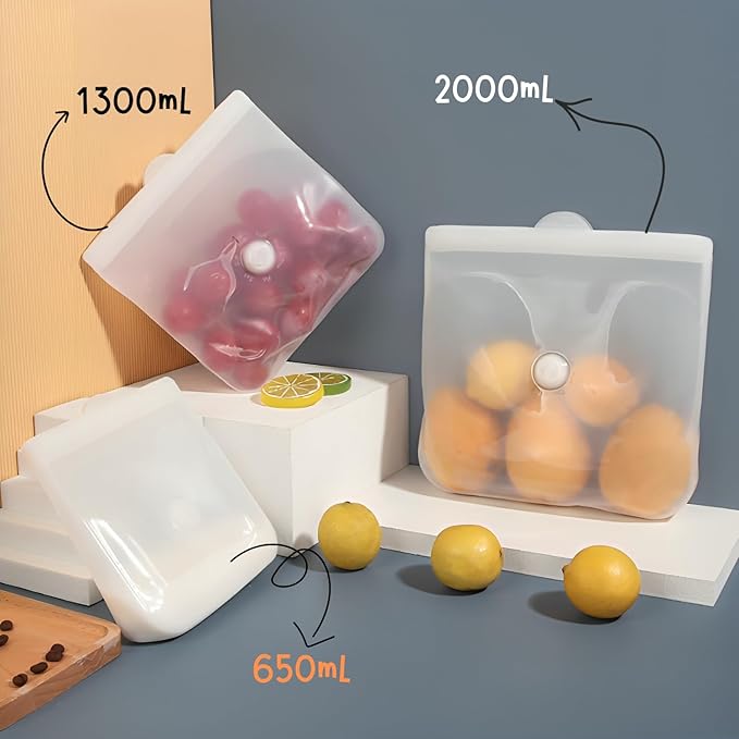 Reusable Silicone Food Storage Bags – Premium Eco-Friendly Multi-Size Set (650ml/1300ml/2000ml), Leakproof, BPA-Free, Freezer & Microwave Safe, Dishwasher Friendly (White(Clear))