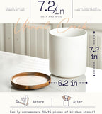 getstar 360° Rotating Large Kitchen Utensil Holder, Ceramic Cooking Utensil Holder for Kitchen Counter with Rotatable and Detachable Wooden Base (White)