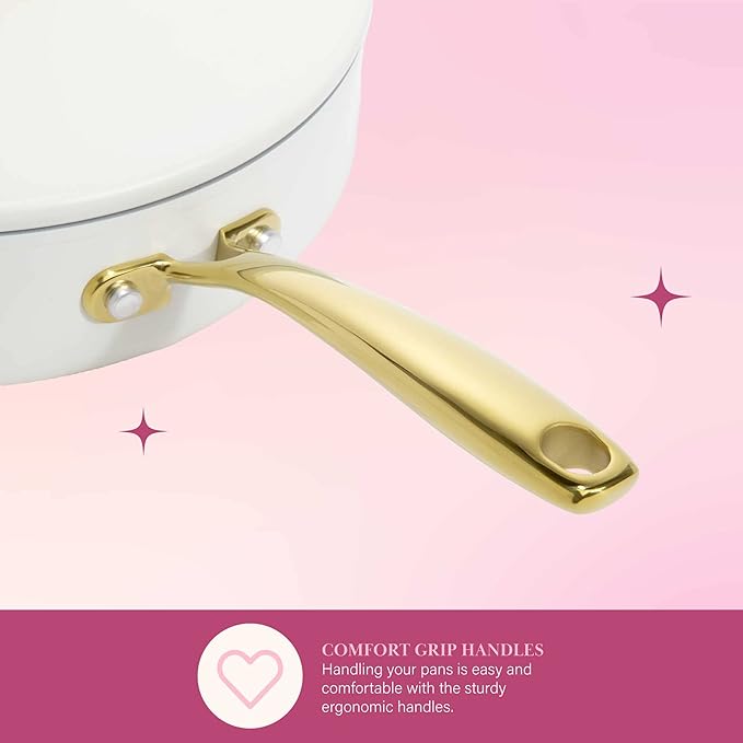 Paris Hilton Iconic Nonstick Pots and Pans Set, Multi-layer Nonstick Coating, Matching Lids With Gold Handles, Made without PFOA, Dishwasher Safe Cookware Set, 10-Piece, Cream