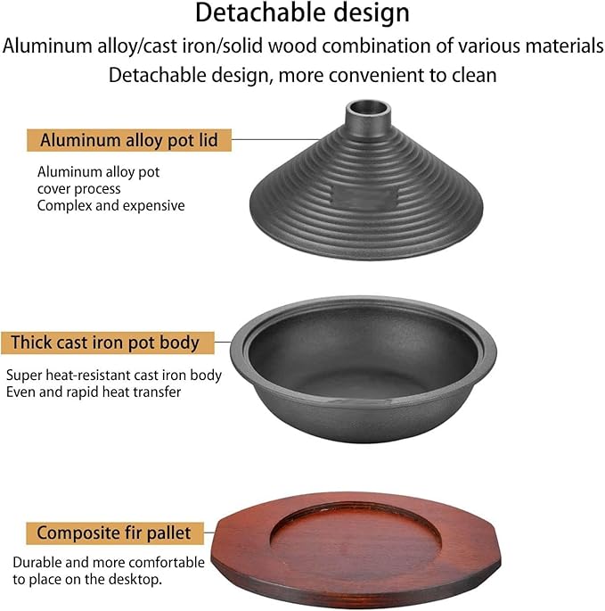 Cast Iron Moroccan Tagine Pot with Tray, Non-Stick Tagine with Conical Lid Induction Compatible Gas Stove Kitchen Essential(Size:26)