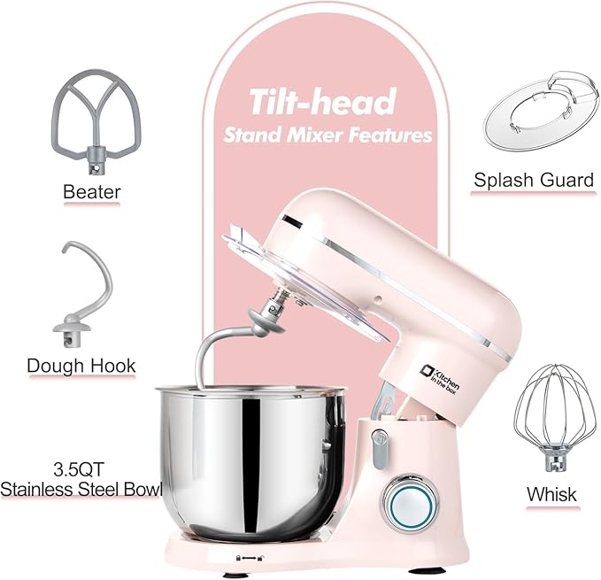 Kitchen in the Box Stand Mixer, 3.5 QT Small Kitchen Electric Stand Mixers, 10-Speed Portable Lightweight Dough Mixer for Daily Use with Egg Whisk, Dough Hook, Beater (Light Pink)