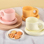 Koythin Ceramic Coffee Chubby Mug Saucer Set, Creative Cute Fat Handle Cup with Saucer for Office and Home, Dishwasher and Microwave Safe, 10 oz for Latte Tea Milk (Beige)