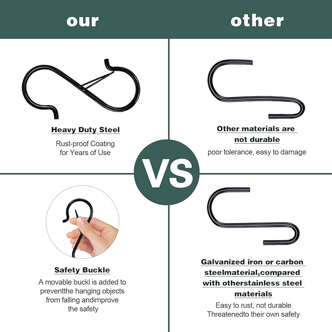 12PCS S Hooks for Hanging,3.5 Inch Heavy Duty Closet Hooks with Safety Buckle,Closet Hooks Hanging for Plants,Clothes,Kitchen Utensil,String Lights,Handbags,Belt, Hat, Cup, Tie (Black)