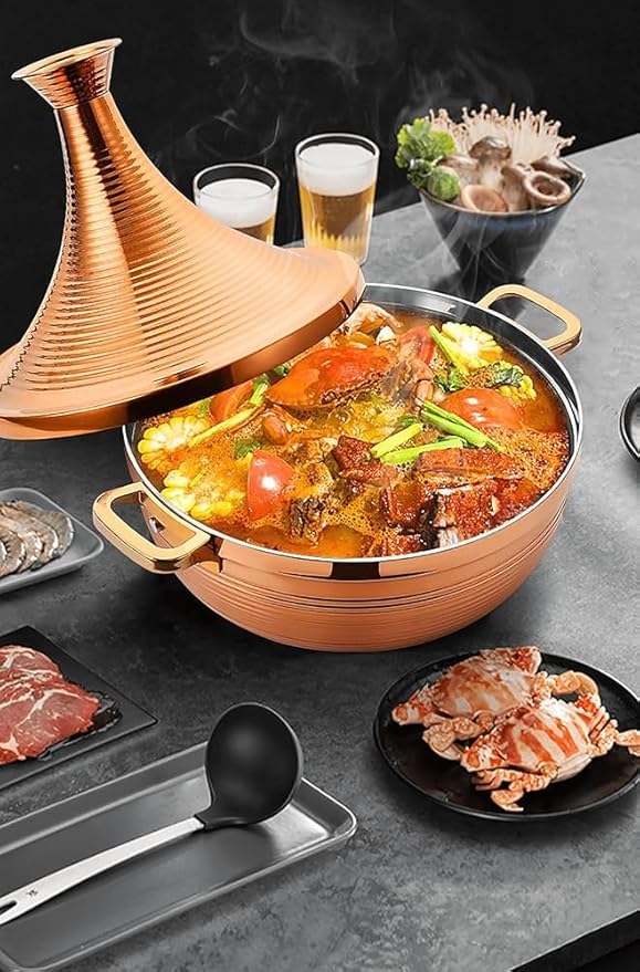 304 Stainless Steel Non-Stick Tagine Pot, Slow Cooker Casserole with High Lid for Seafood, Compatible with Induction Cooktops(Size:26cm/10.23inch,Color:Silver)