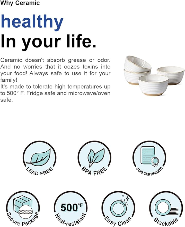 LE TAUCI Small Bowls 10 oz, Ice Cream Bowl, Ceramic Stoneware Bowl, Bowls Set for Dessert, Fruits, Side Dishes, Suit For Housewarming - 4.5 Inch, Set of 4, Arctic white