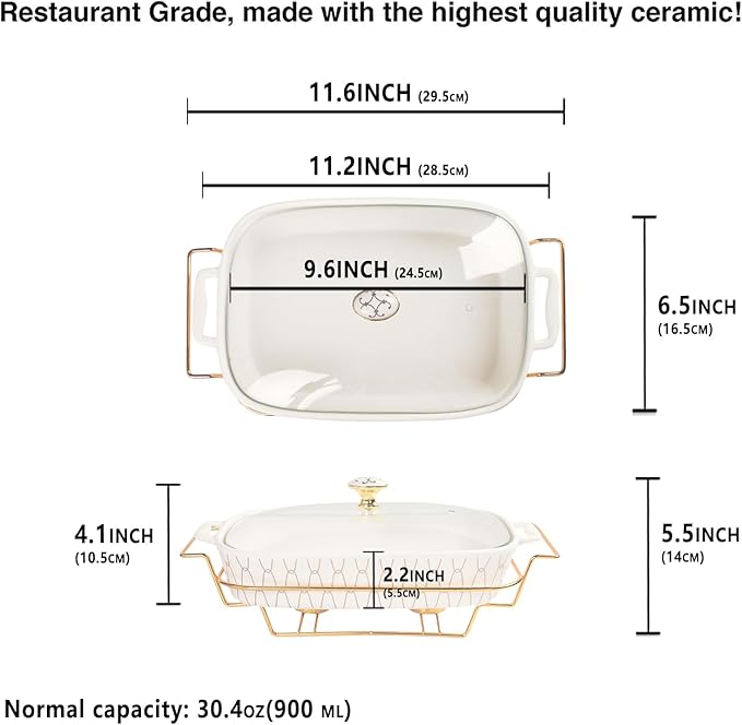 9" x 6" Ceramic Casserole Dish with Glass Lid and Rack, 30 ounce Serving Soup Tureen,Chafing Dish for Buffet, Family Food preserve Tray, Catering Casserole for Party Style, White