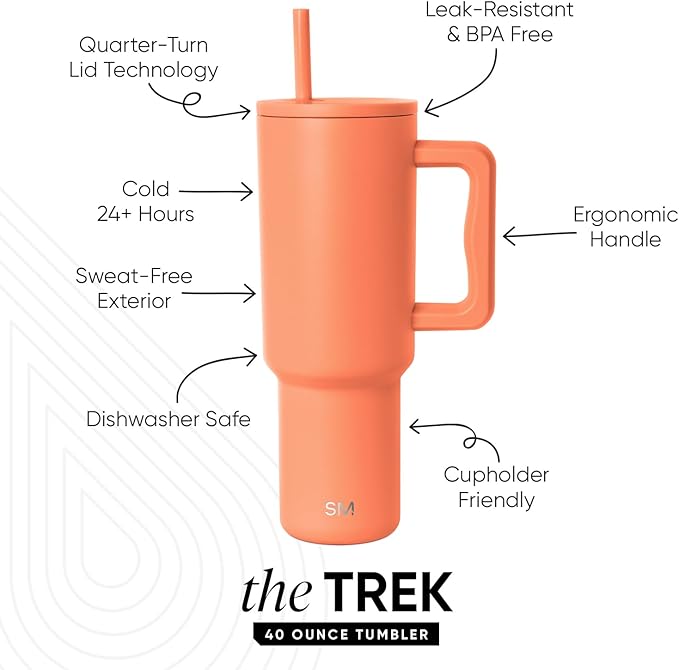 Simple Modern 40 oz Trek Tumbler with Handle and Straw Lid | Cup Holder Friendly Insulated Stainless Steel Travel Mug | Clementine