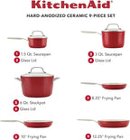 KitchenAid Hard Anodized Ceramic 9-Piece Nonstick Cookware Set – Includes Fry Pans, Saucepan, Stockpot, Durable, Even Heating, Oven Safe to 500°F, Empire Red