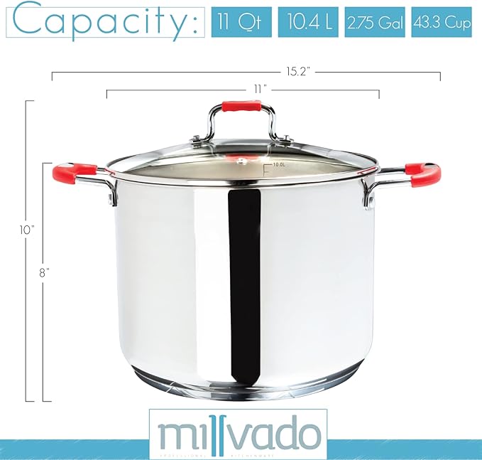 Stock Pot, Large Stainless Steel 11 Quart StockPot, Large Cooking Pot, Clear Glass Lid and Measurement Markings, Steam Hole, Induction, Gas, Electric Compatible Big Boiling Pot