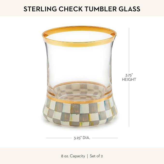 MACKENZIE-CHILDS Tumbler Glasses, Elegant Drinkware, Glasses with Gold Rim, 8 Ounces, Set of 2, Gray-and-White Sterling Check