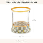 MACKENZIE-CHILDS Tumbler Glasses, Elegant Drinkware, Glasses with Gold Rim, 8 Ounces, Set of 2, Gray-and-White Sterling Check