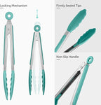 600ºF Heat Resistant Kitchen Tongs: U-Taste 9 inch Silicone Cooking Tong with Firm Sealed Non Stick Rubber Tips & Silicon Coated 18/8 Stainless Steel Handle & Smooth Locking for Serving Salad-Aqua Sky