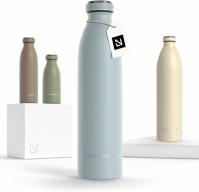 LARS NYSØM Stainless Steel Insulated Water Bottle 12 oz 17 oz 25 oz 34 oz 51 oz | Insulated Thermo Flask for Hot and Cold Beverages | Leakproof Drinking Bottle (Sky Blue, 25.4 oz)