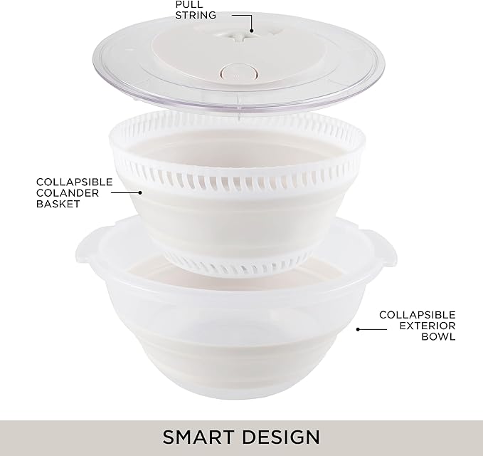 COOK WITH COLOR Collapsible Salad Spinner - 4 QT Space Saving Lettuce Dryer with Folding Collapsible Colander Great for Washing and Drying Fruit and Vegetables (White)