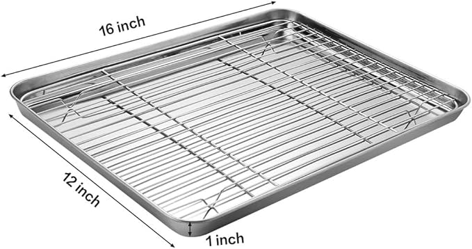 Stainless Steel Baking Sheet Tray Cooling Rack with Silicone Baking Mat Set, Cookie Pan with Cooling Rack, Set of 6 (2 Sheets + 2 Racks + 2 Mats), Size 16 x 12 x 1 Inch, Easy Clean