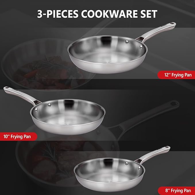 ROVSUN 8-10-12 Inch Stainless Steel Cookware Set, 3 pcs Tri-Ply Skillets Set, Full Clad Stainless Steel Chef's Pan, PFOA & PTFE Free Skillets, Compatible for All Cooktops, Dishwasher & Oven Safe