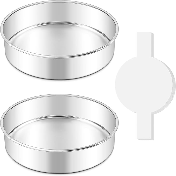 LIANYU 8 Inch Round Cake Pan Set of 2, Stainless Steel Baking Pans with 60 PCS Parchment Paper, Metal Circle Layer Cake Tins for Birthday Christmas Party, Oven & Dishwasher Safe
