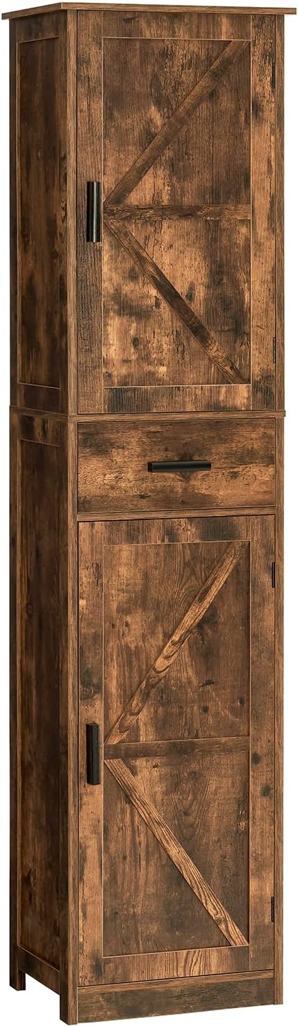 WEENFON Tall Storage Cabinet, Bathroom Cabinet with 6 Shelves & Drawer, Narrow Storage Cabinet with Adjustable Shelves, Tall Cabinet for Living Room, Home Office, Rustic Brown