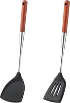 FJNATINH Silicone Spatula and Turner Set - Slotted Spatulas,Non Stick Heat-Resistant Cooking Utensils BPA Free Kitchen Utensils Cookware Wooden Handle (Walnut Handle-Spatulas 2PCS)