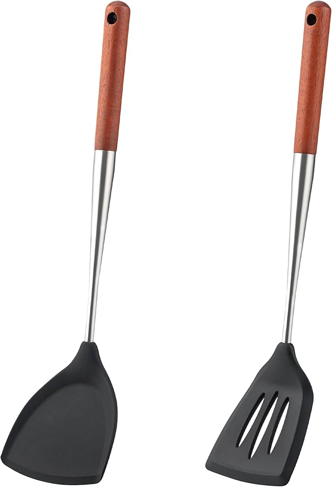 FJNATINH Silicone Spatula and Turner Set - Slotted Spatulas,Non Stick Heat-Resistant Cooking Utensils BPA Free Kitchen Utensils Cookware Wooden Handle (Walnut Handle-Spatulas 2PCS)
