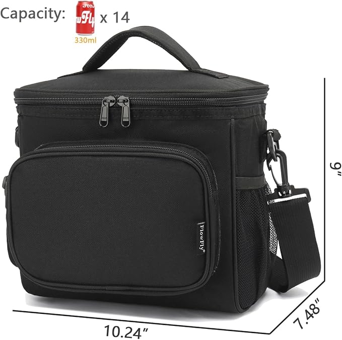 FlowFly Insulated Reusable Lunch Bag Adult Large Lunch Box for Women and Men with Adjustable Shoulder Strap,Front Zipper Pocket and Dual Large Mesh Side Pockets, Black