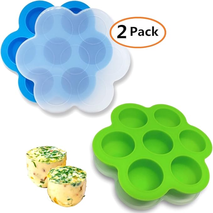 GOKCEN's Silicone Egg Bite Molds [2 Pack] Instant Pot Accessories - Fit Instant Pot 5,6,8 qt Pressure Cooker - Food Freezer Tray with Lid - Reusable Storage Container (Blue & Green - Egg Bite Mold)