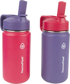 ThermoFlask Kids Bottle with Straw Lid - Durable & Dishwasher-Safe Water Bottles & Lids - Leak-Proof Bottle Lid Design - Reusable Water Bottles for Everyday Use - 14 oz, Punch/Eggplant (2 Pack)