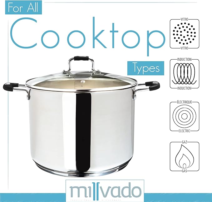 Stock Pot, Large Stainless Steel 12.5 Quart StockPot, Large Cooking Pot, Clear Glass Lid and Measurement Markings, Steam Hole, Induction, Gas, Electric Compatible Big Boiling Pot