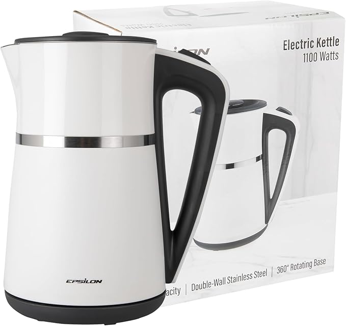 Epsilon Double Wall Electric Kettle 1500W – 1.7L Hot Water Tea Kettle & Hot Water Boiler with Auto Shut-Off, Boil Dry Protection, BPA-Free Stainless Steel Electric Teapot, Fast Boil, Cool Touch Design