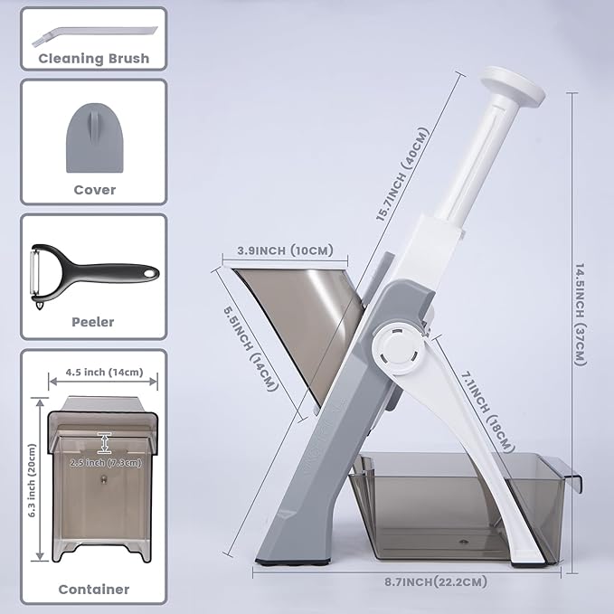 SupMaKin Safe Mandoline Slicer for Kitchen, Vegetable Food Potato Chip Slicer Maual Adjustable Thickness, Chopping Artifact Fast Veggie Salad Chopper Light Gray