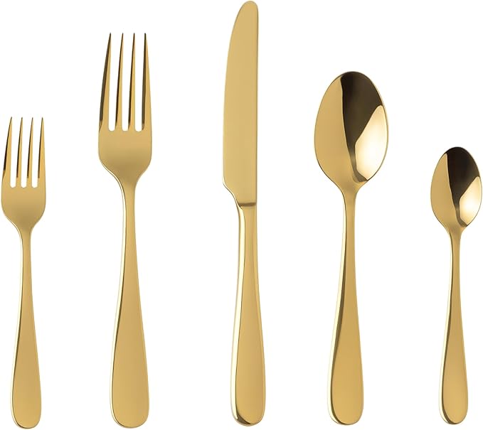 London Silverware Set, 30 Piece Forged Flatware Set Cutlery Set Premium Stainless Steel, Service for 6, for Kitchen, Home, Wedding, Party, Mirror Polished Dishwasher Safe (Matte Gold)