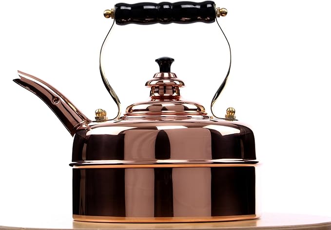 Newey & Bloomer Kensington No. 1 Tea Kettle, 1.9 Qt. - Handmade Solid Copper Body & Beechwood Handle, Whistling Lid - Classic British Craftsmanship - Gas & Electric Compatible