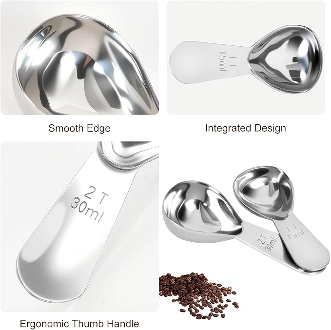 2Pcs Coffee Scoops, Premium 18/8 Stainless Steel Coffee Spoons, Set of 2 Short Handled (1 Tablespoon & 2 Tablespoon) Coffee Measuring Spoon for Ground Coffee, Tea and Powder by ES NATAURA