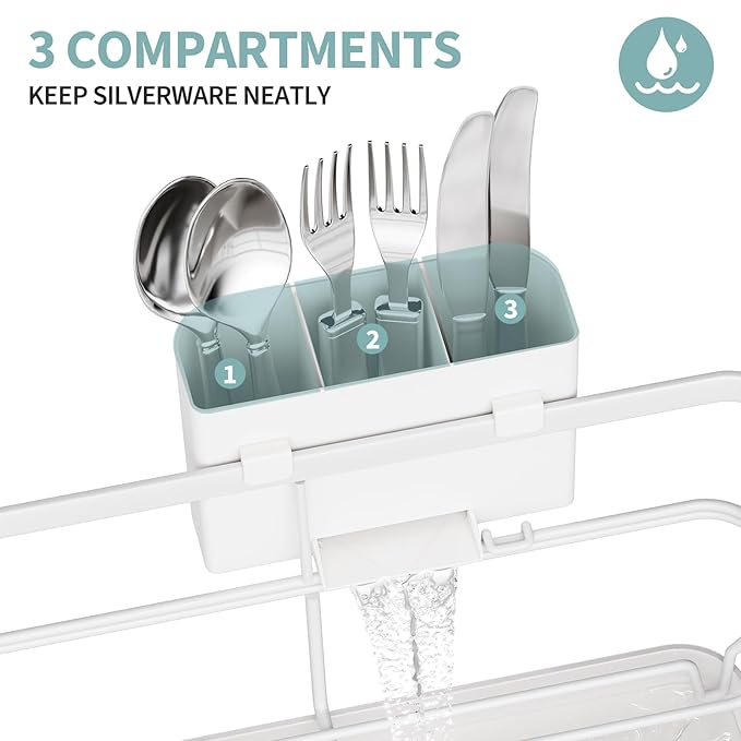 Dish Drying Rack for Kitchen Counter, Large Dish Racks with Drainboard, Kitchen Sink Dish Strainer Rack, Countertop Dish Drainer Rack with Cup & Utensil Holders, Dish Dryer Rack Large Sizw White