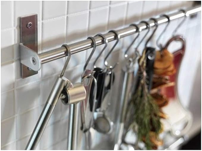 Premium Chefmate Stainless Steel Gourmet Kitchen 15 Inch Wall Mount Rail and 10 S Hooks Set Utensil Pot Pan Lid Rack Storage Organizer, Silver (15 Inch)