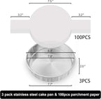 8 Inch Cake Pan Set of 3, Nonstick Circle Round Cake Pans with 100PCS Pre-cut Parchment Papers for Layer Cake, Non-Toxic Stainless Steel Baking Pans Set for Birthday Christmas Wedding, Dishwasher Safe