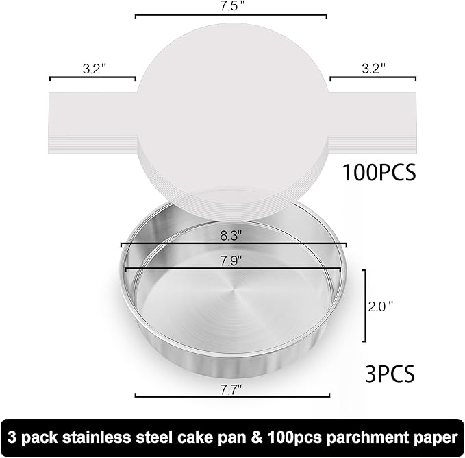 8 Inch Cake Pan Set of 3, Nonstick Circle Round Cake Pans with 100PCS Pre-cut Parchment Papers for Layer Cake, Non-Toxic Stainless Steel Baking Pans Set for Birthday Christmas Wedding, Dishwasher Safe