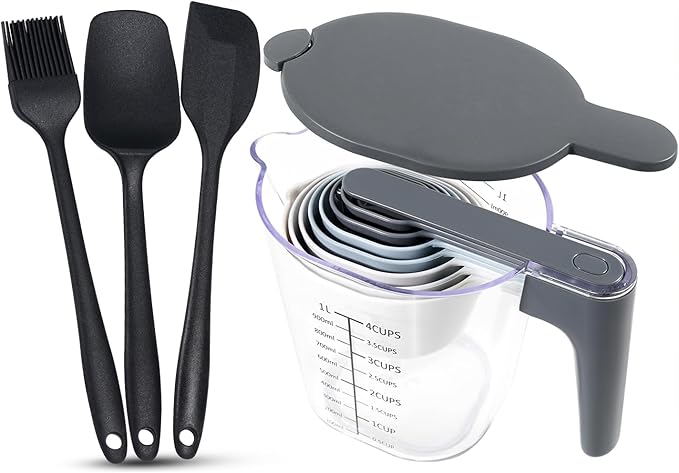 13-Piece Measuring Cups and Spoons Set with 3-Piece Black Silicone Spatula Set, BPA-Free, Dishwasher Safe Baking and Cooking Tools