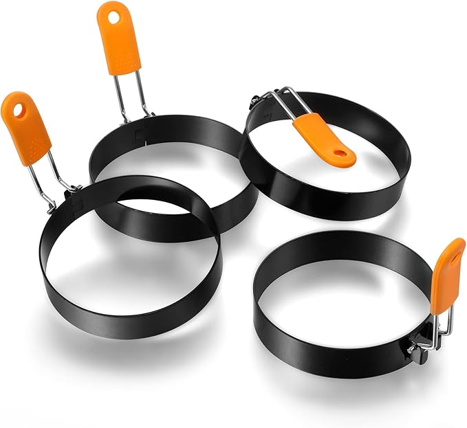 Patelai 4 Pcs Professional Egg Ring Pancake Ring Set Stainless Steel Fried Egg Griddle Pancake Shapers with Orange Silicone Handle for Breakfast Omelette Sandwich (4 Inch)