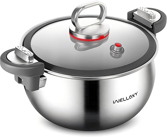WELLOXY 3-Ply Stainless Steel Micro-Pressure Cooker 7.5Qt - Dutch Oven, Stock Pot, Stew Pots with Locking Lid for Soup, Braising, Pasta, Saves Time & Energy, Lead & PFOA Free (Not a High-Pressure Pot)