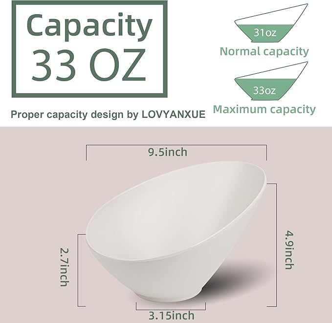 Bamboo Fiber Salad Bowls, 2 Packs Serving White, Compostable 33 Ounce Elegant White Angled Bowls for Salad, Pasta, Soup, Prep, Ideal for Home and Restaurant