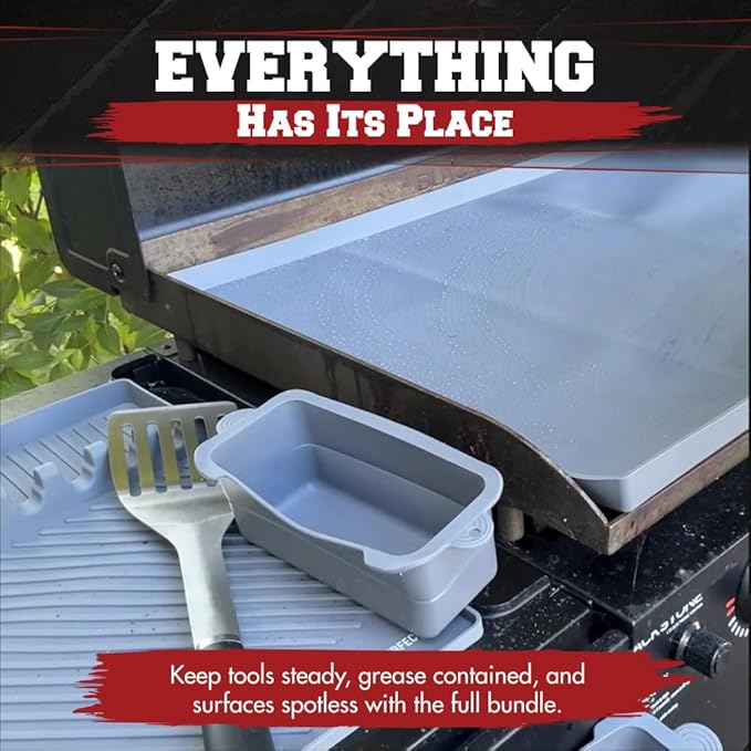 KITCHEN PERFECTION Ultimate Kit for Blackstone Griddle 28 Inch - Silicone Griddle Cover Mat + Griddle Accessories Mat + 2 PCS Silicone Grease Cup Liners Hermetic Protection from Rust & Debris All Year