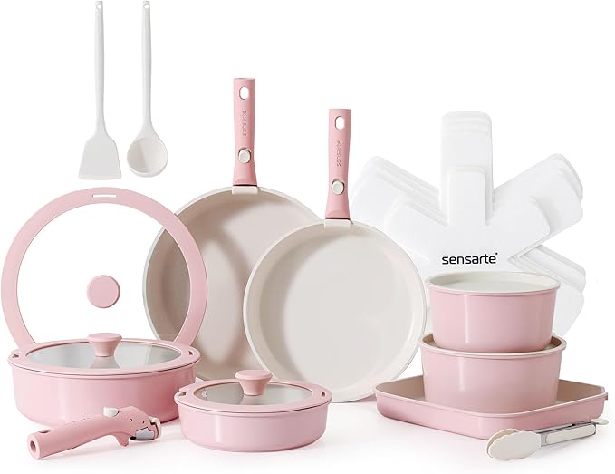 SENSARTE 24 Piece Ceramic Pots and Pans Set, Nonstick Detachable Handle Cookware, Induction Kitchen Cookware Set with Removable Handle, Healthy Non Stick for RV, Dishwasher＆Oven Safe, PFOA Free (Pink)