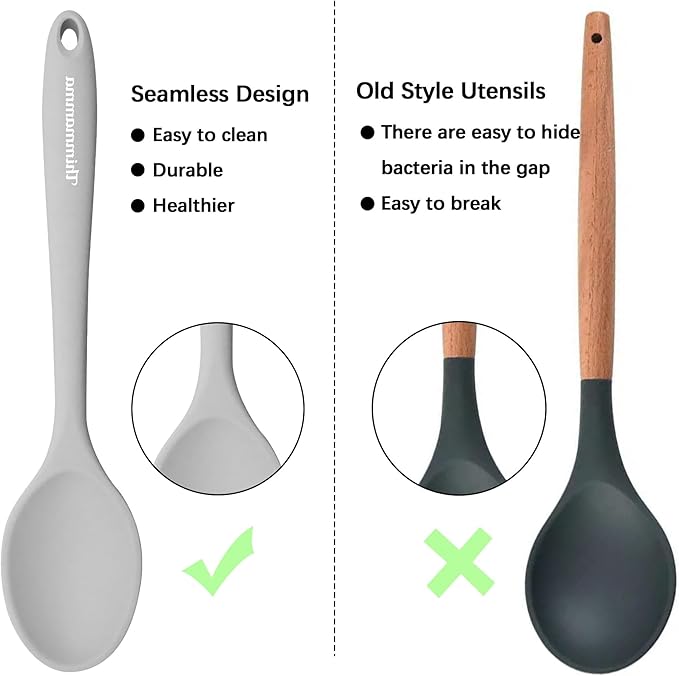 Silicone Spoon, Nonstick Kitchen Silicone Slotted Solid Spoons for Cooking Dishwasher Safe for Nonstick Cookware, Heat Resistant Grey Silicone Serving Spoon BPA Free for Mixing Stirring