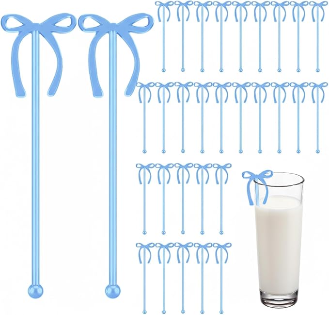 30 Pcs 6 Inch Bow Drink Stirrers, Bow Stir Sticks Coffee Stirrers Reusable Plastic Swizzle Sticks for Wedding Birthday Bridal Cocktail Decorations Supplies(Blue)