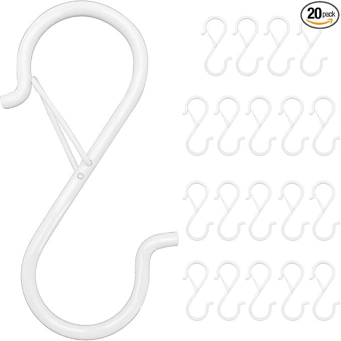 20PCS S Hooks for Hanging,3.5 Inch Heavy Duty Closet Hooks with Safety Buckle,Closet Hooks Hanging for Plants,Clothes,Kitchen Utensil,String Lights,Handbags,Belt, Hat, Cup, Tie (White)