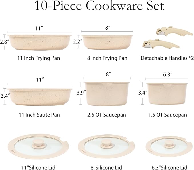 ESLITE LIFE Nonstick Cookware Sets with Detachable Handle,Ceramic Coating Pots and Pans Set Kitchen Cooking Set, Compatible with All Stovetops, PTFE & PFOA Free, White, 10 Pcs Set