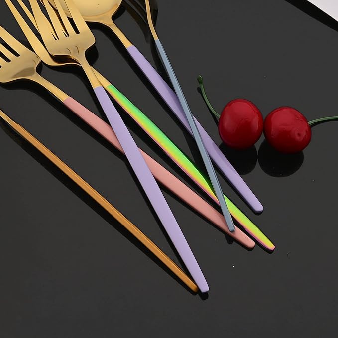 JASHII Flatware Set 24 Piece, Stainless Steel Silverware Set, Macaron Small Fresh Color Cutlery Set, Modern Elegant Tableware Set for Party, Christmas, Dinner (Rainbow Gold)