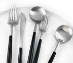 Gugrida Black Silver Flatware, Royal 20 Piece Matte Black Handle 18/10 Stainless Steel Tableware Sets for 4 Including Forks Spoons Knives, Camping Silverware Travel Utensils Set Cutlery (Black Silver)