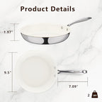 9.5" Tri-Ply Stainless Steel Frying Pan, Nonstick Ceramic Pan, Skillet with Stay-Cool Handle, Non Toxic, PFAS PFOA PTFE Free, Dishwasher & Oven Safe, Induction, Compatible with All Cooktops